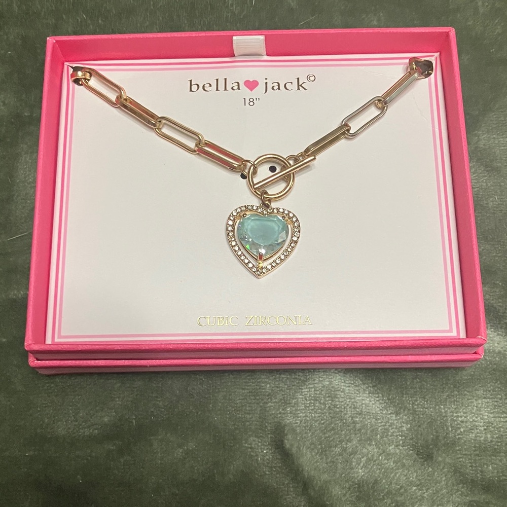 Bella+Jack Gold Link Necklace with Aqua Heart Charm